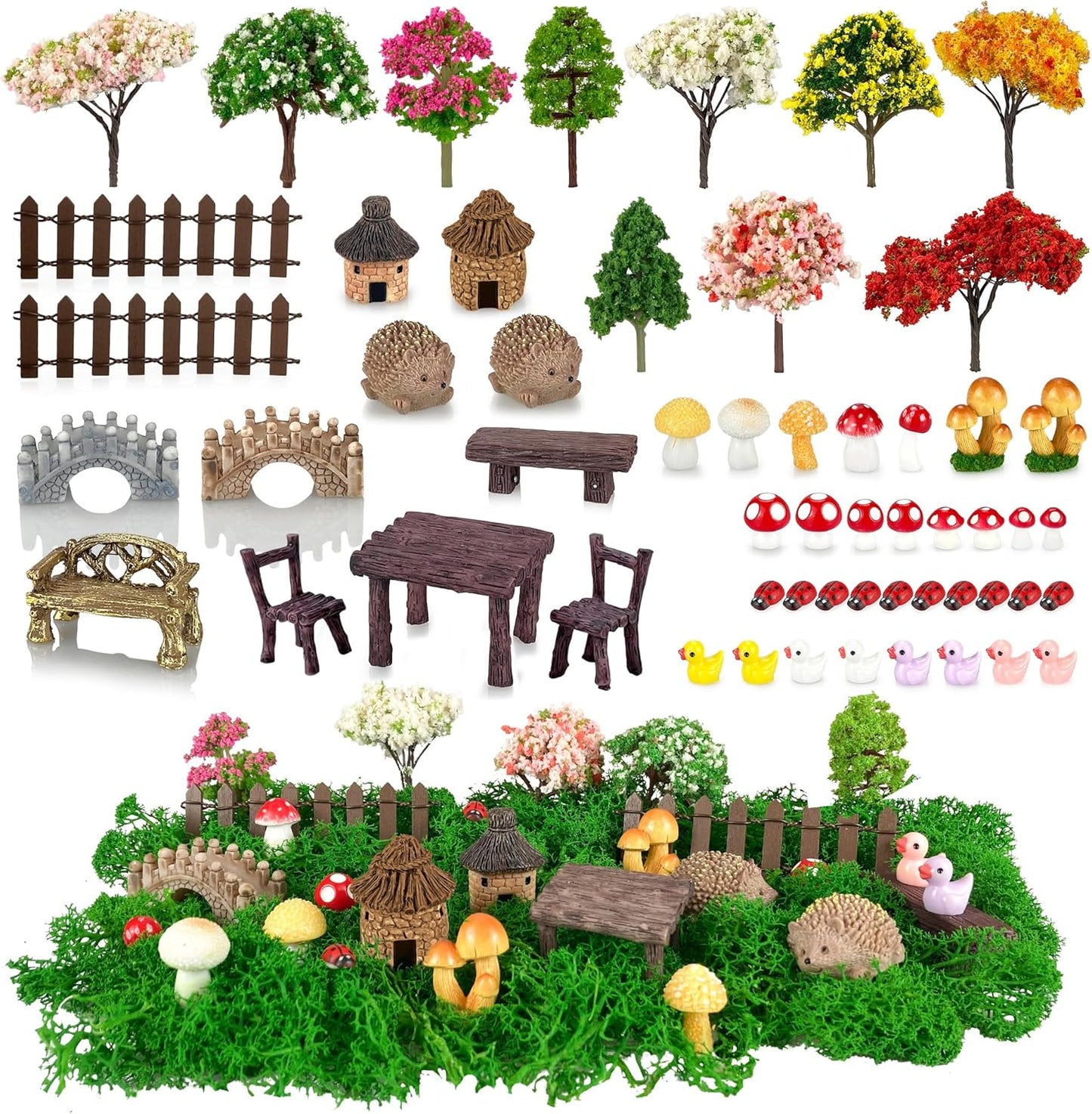56 Pcs Fairy Garden Accessories, Mini Resin Animals Figures, Miniature Table and Chairs, Moss Bonsai Micro Landscape Ornaments Kit, Miniature Garden Kit, Terrarium Ornaments DIY Craft-VerdiqueGarden