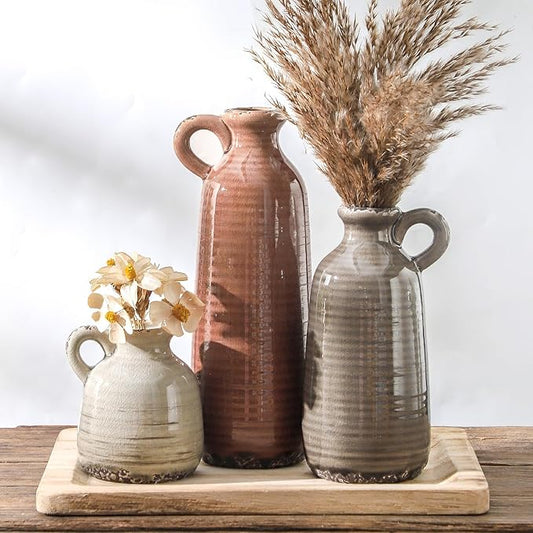 Ceramic Vases Set of 3, Neutral Rustic Farmhouse Vase with Handle, Decorative Flower Vases Home Decor Modern Boho Pampass Vase for Table Mantel Entryway Shelf Living Room Kitchen Bathroom - Brown-VerdiqueGarden