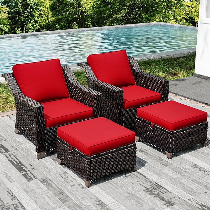 Joyside Wicker Patio Furniture Sets, 4 Pieces Upgraded Large Size Outdoor Furniture with Patio Dining Chairs and Outdoor Ottoman, Thick Cushions, Wide Armrest-VerdiqueGarden