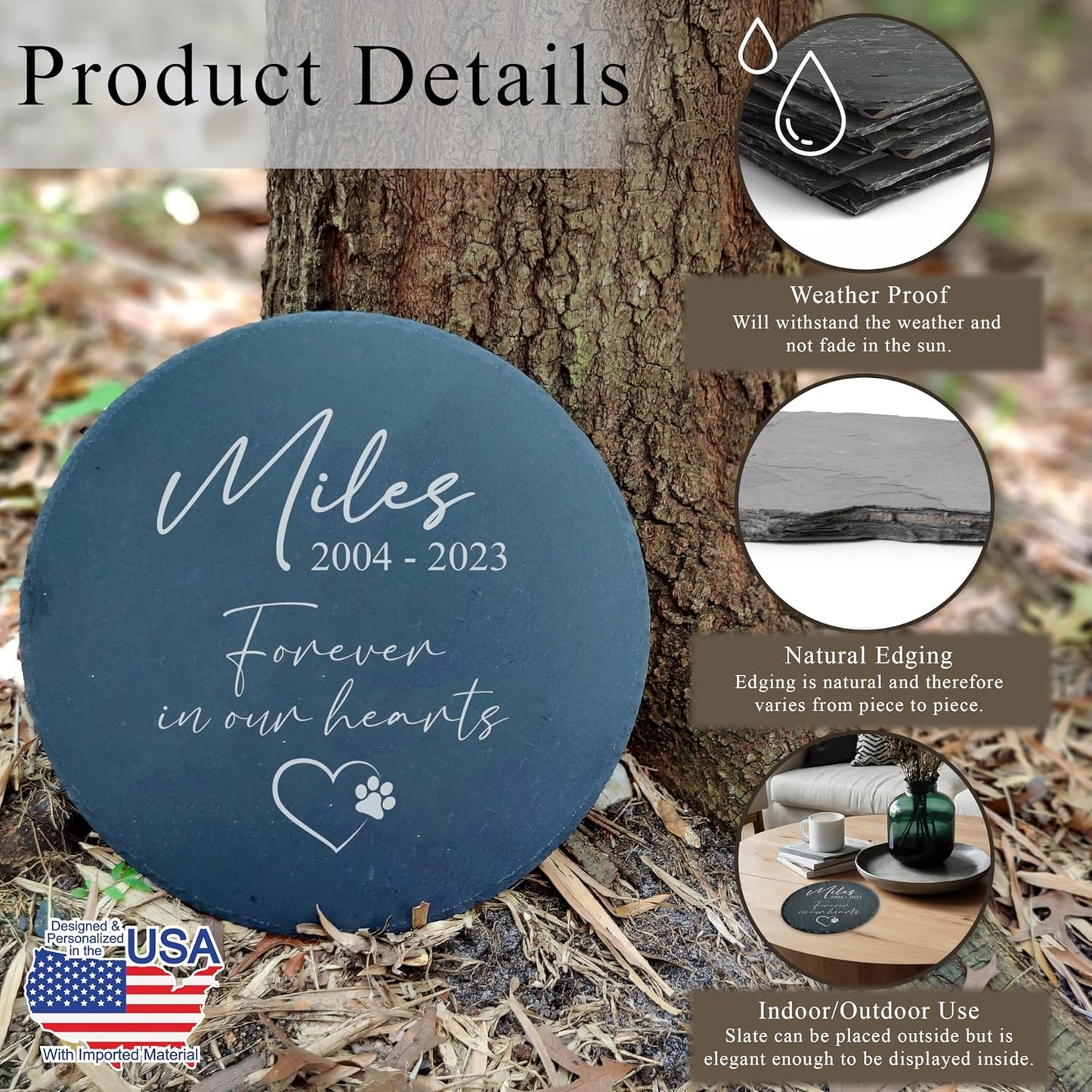 Personalized Pet Memorial Stone for Dogs and Cats | Custom Laser-Etched Weatherproof Garden Grave Marker | Natural Stone Bereavement Headstone Sympathy Gift | 4, 6, 10, or 12 Inch Heart or Circle Shape (A2)-VerdiqueGarden