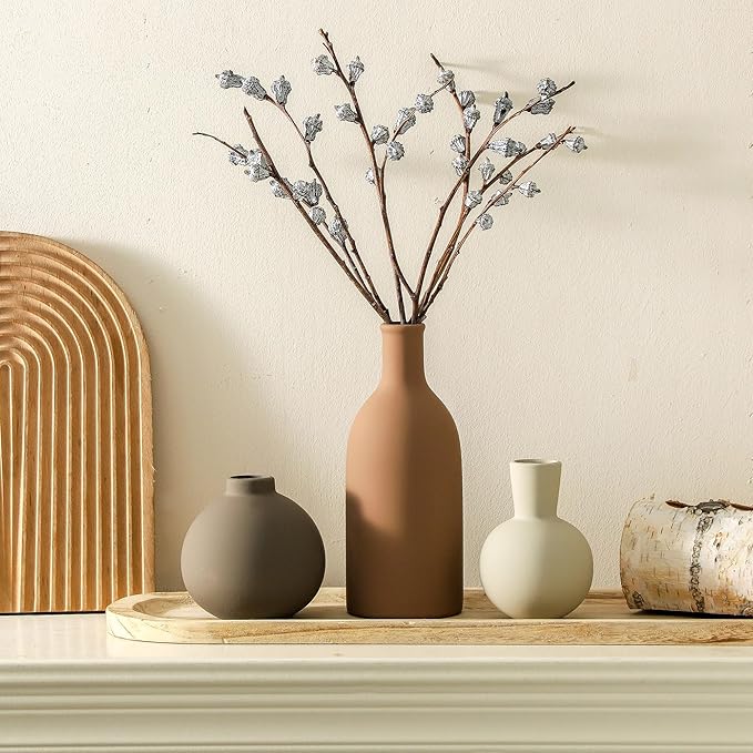 Vase Set of 3 | Ceramic Neutral Vases Home Decor | Rustic Flower Pottery Vases Modern Farmhouse Vase for Table Entryway Mantel Centerpiece Bookshelf Living Room Bathroom Bedroom -Brown Large-VerdiqueGarden