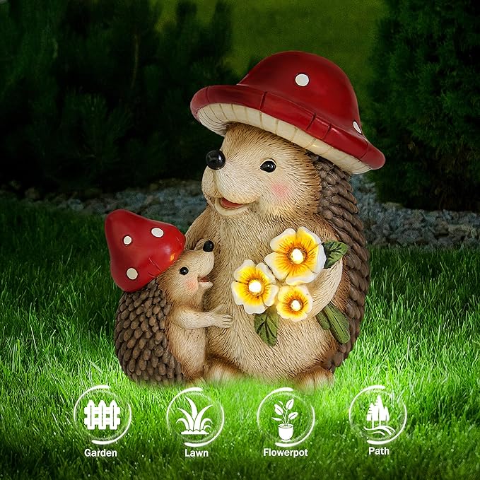 Solar Hedgehog Garden Statue Lights for Outdoor Decor, Resin Hedge hog Figurine Lighting Decorations, Patio Yard Lawn Ornaments Birthday Gifts for Women Mom Grandma-VerdiqueGarden
