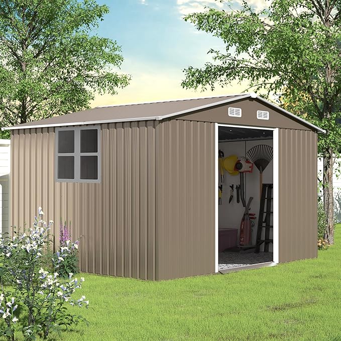 10FT x 8FT Metal Outdoor Storage Shed,Garden Sheds & Outdoor Storage w/Lockable Sliding Doors & Air Vent,Metal Shed for Backyard,Garden,Patio,Lawn-VerdiqueGarden