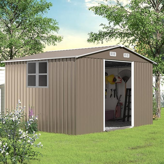 10FT x 8FT Metal Outdoor Storage Shed,Garden Sheds & Outdoor Storage w/Lockable Sliding Doors & Air Vent,Metal Shed for Backyard,Garden,Patio,Lawn-VerdiqueGarden