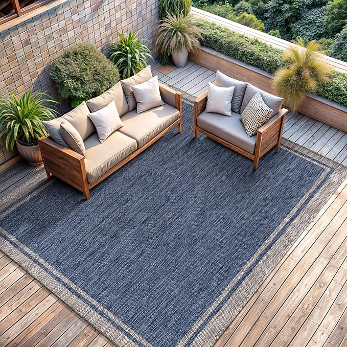 CAMILSON Outdoor Rug, 9x12 Bordered Navy Blue Gray Modern Large Area Rugs for Indoor and Outdoor Patios, Porches Waterproof Washable Porch Deck Outside Carpet (Bordered Navy, 9 x 12)-VerdiqueGarden