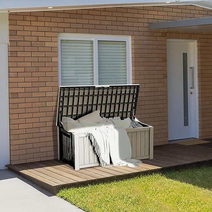 150 Gallon Lockable Resin Deck Box, Waterproof & UV-Resistant Outdoor Storage Box for Outdoor Cushion Storage, Garden Tools & Pool Accessories Storage, Gray-VerdiqueGarden