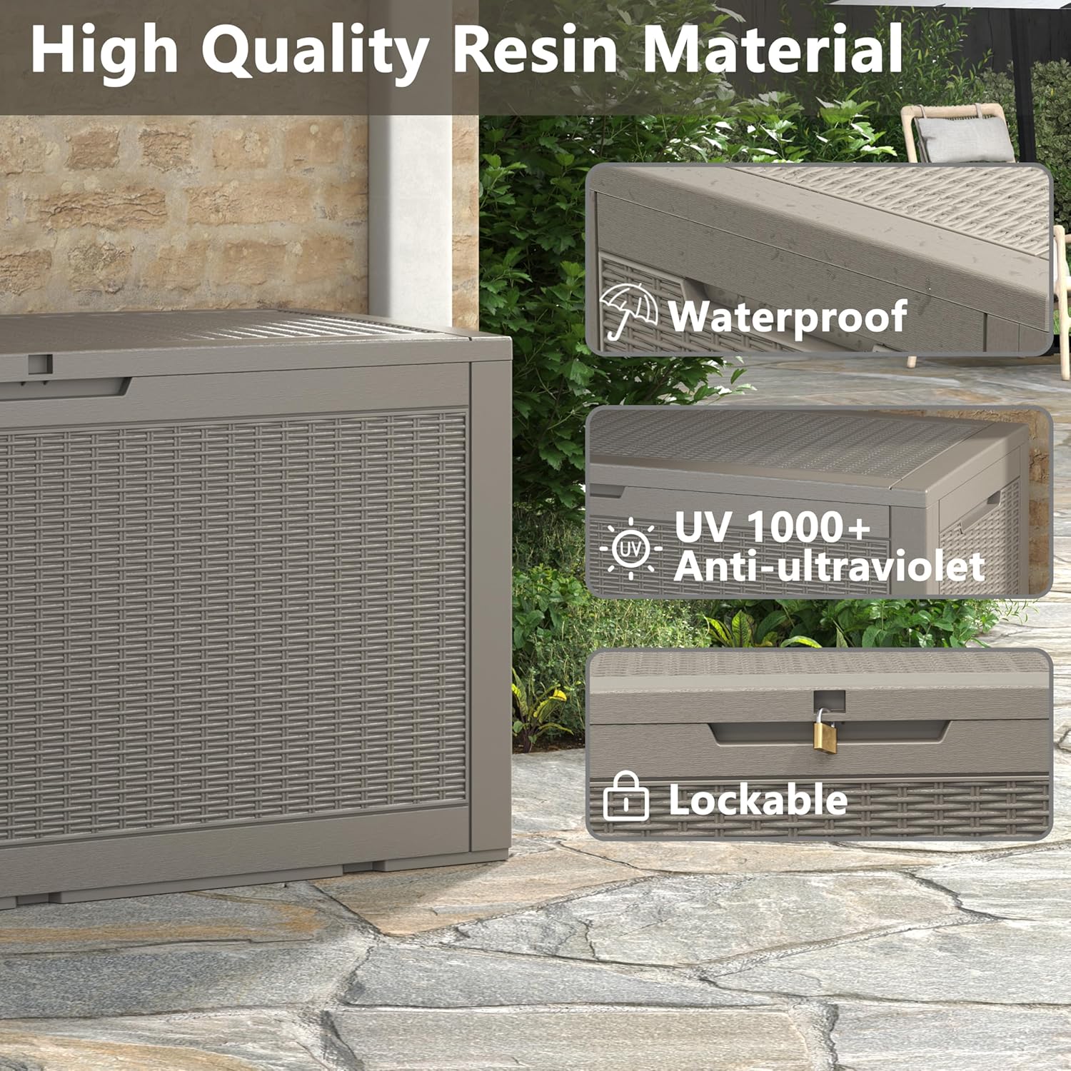 100 Gallon Deck Box Lockable Rattan Outdoor Storage Box waterproof Outdoor Container for Patio Furniture Cushions, Pillow-VerdiqueGarden