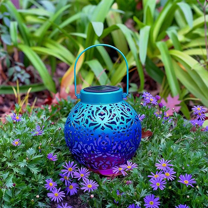 2 Pack Outdoor Solar Hanging Lantern Lights Metal LED Decorative Lamp for Garden Patio Courtyard Lawn and Table with Hollowed-Out Design (Royal Purple)-VerdiqueGarden