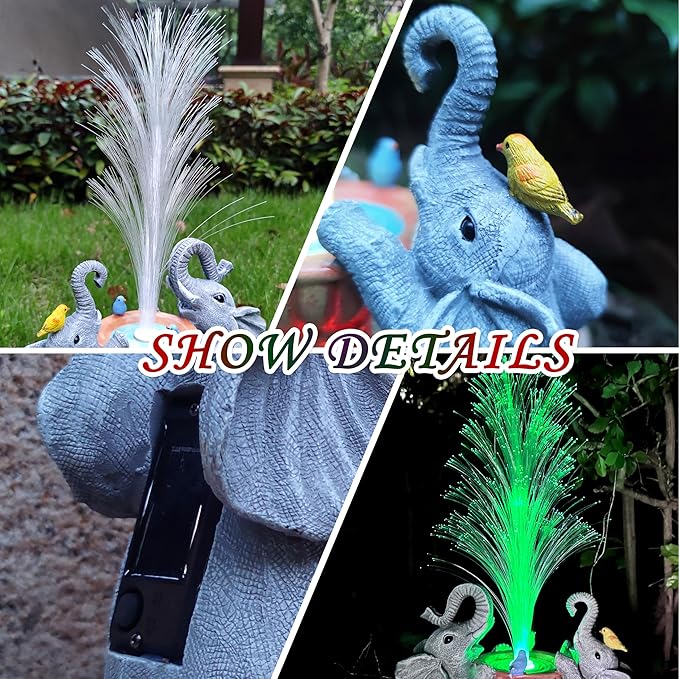 Elephant Statue Solar Garden Decor,Resin Elephant Statue and Colour Changing Optical Fiber Solar Lights,Outdoor Decor for Balcony, Garden, Patio, Yard, Lawn, Gifts for Mom Grandma-VerdiqueGarden