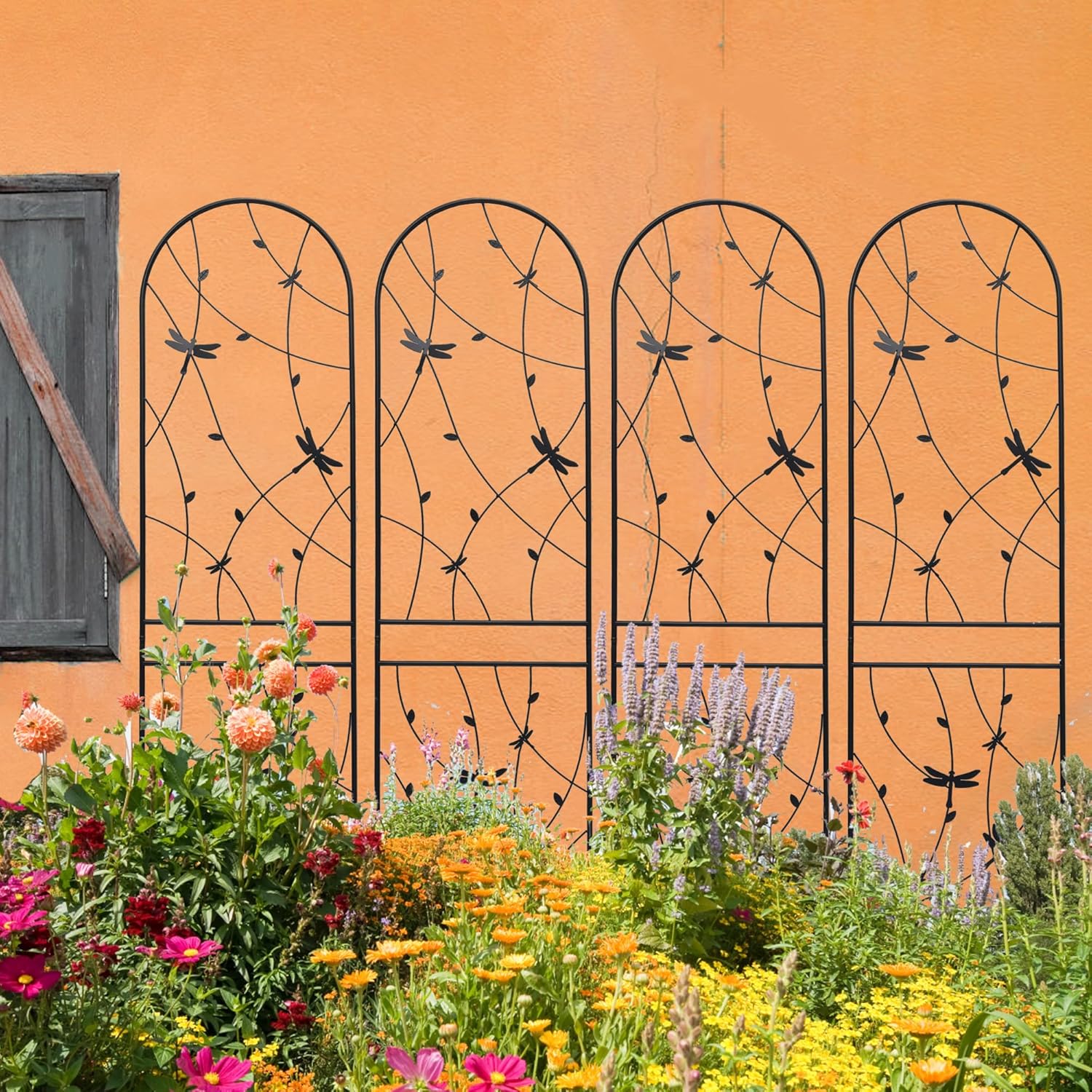 4 Pack Metal Garden Trellis 86.7" Tall Outdoor Climbing Plant Support for Roses, Flowers, Rustproof Durable Black Galvanized Tube, Lawn Garden Fence Decor Screen (4, Black dragonflies-86.7" H)-VerdiqueGarden