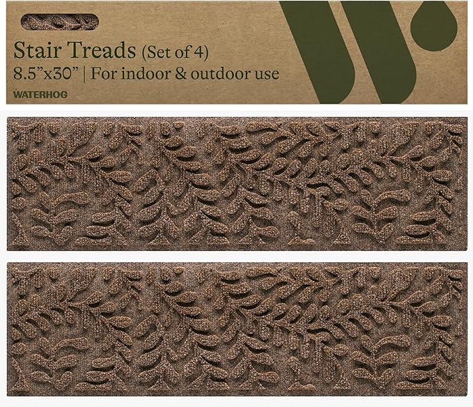 Bungalow Flooring Waterhog Stair Treads (Set of 4) – 8 1/2 x 30 Inches, Durable,Water-Trapping, Indoor/Outdoor Floor Covering, Boxwood Collection – Made in USA, Dark Brown