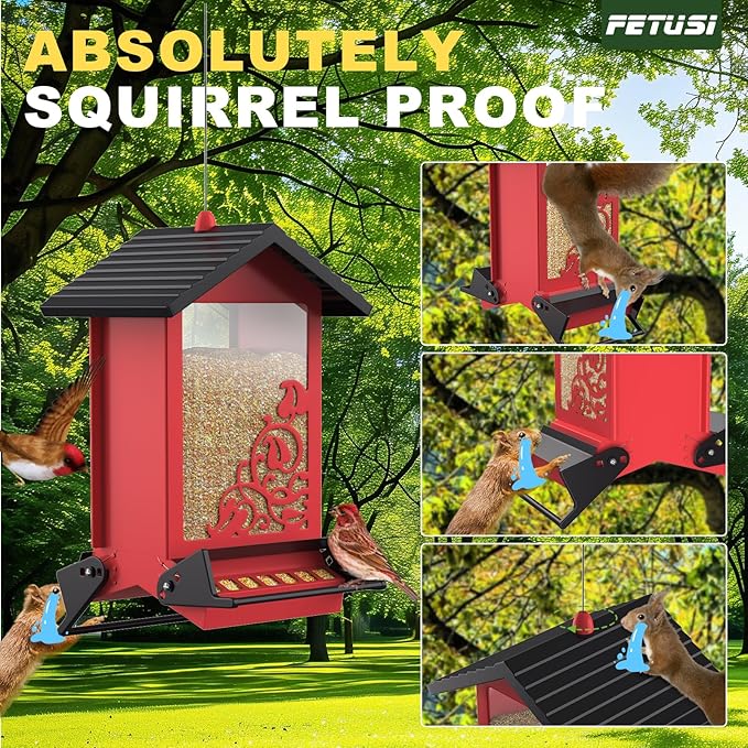 Squirrel Proof Bird Feeder for Outdoor Hanging,Metal Bird Seed Feeder with Bilateral Weight Activated Perches,5LB Large Capacity Wild Bird Feeders for Outside,Easy Refill and Clean,Red-VerdiqueGarden