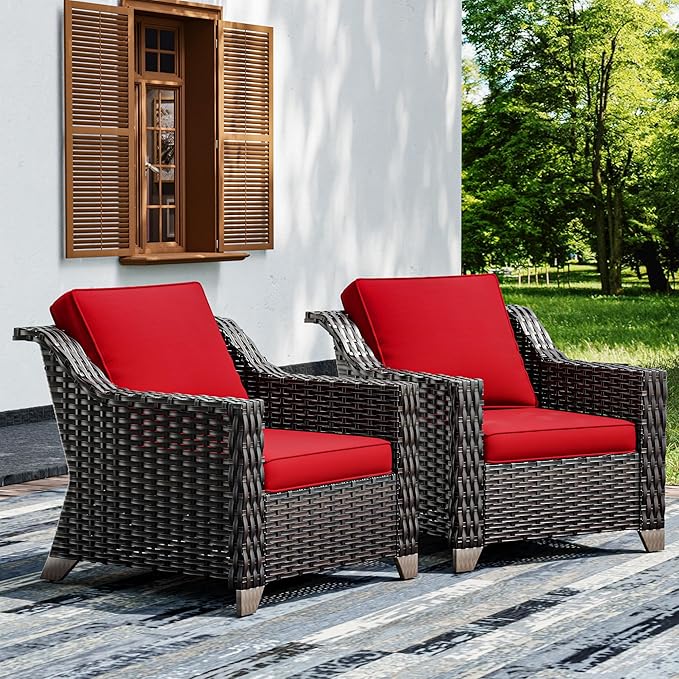 Joyside Wicker Patio Chairs Set of 2, Outdoor Rattan Furniture with Wide Armrest and Thick Cushions, Upgraded Large Size for Backyard, Garden, Poolside-VerdiqueGarden