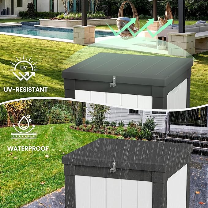 50 Gallon Storage Box, Waterproof Deck Box for Indoor & Outdoor Use, Lockable Pool Storage Bin for Package Delivery, Outdoor Bench for Patio Cushions, Garden Tools, Backyard, Black & White-VerdiqueGarden