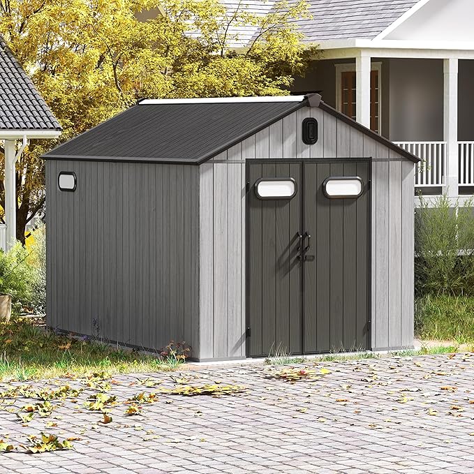 Domi 8x10FT Outdoor Resin Storage Shed with Transparent Windows & Louvered Vents, Plastic Tool Shed with Double Lockable Doors & Gable Roof, Outside Garden Shed for Backyard, Patio, Lawn, Grey-VerdiqueGarden