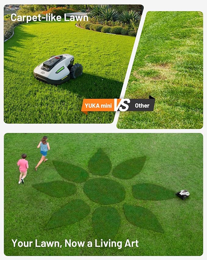 YUKA Mini 500H Robotic Lawn Mower Reception 0.12 Acre,Max. 0.17 Acre, Ultrasense AI Vision+ RTK Positioning, Auto Mapping, App Control, 50% Slope, Cutting Height 2''~3.5'', 15 Mowing Zones-VerdiqueGarden