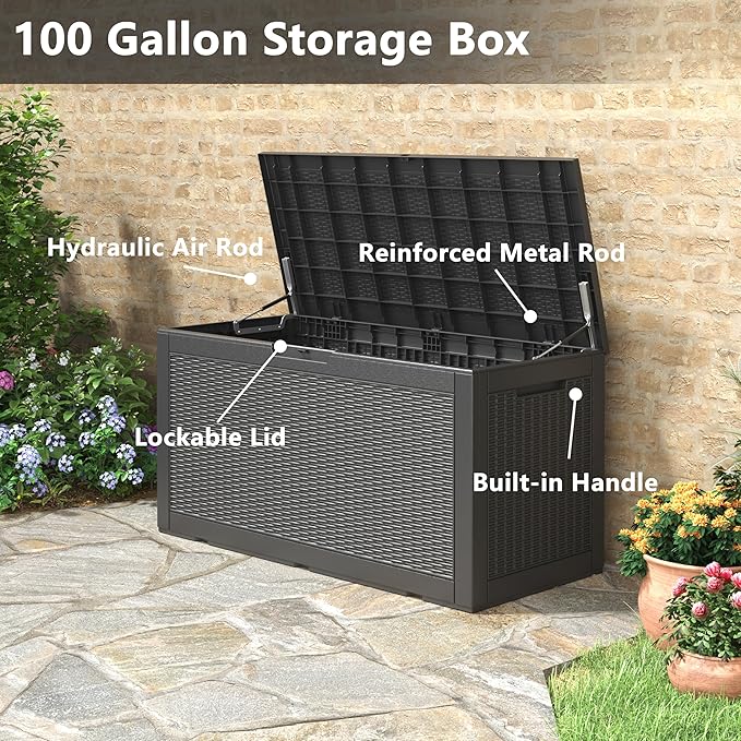 KAMABOKO 101 Gallon Waterproof Large Resin Deck Box, Lockable Large Outdoor Storage Boxes Indoor Outdoor Storage Container for Patio Cushions, Gardening Tools, Pool Supplies, Black-VerdiqueGarden