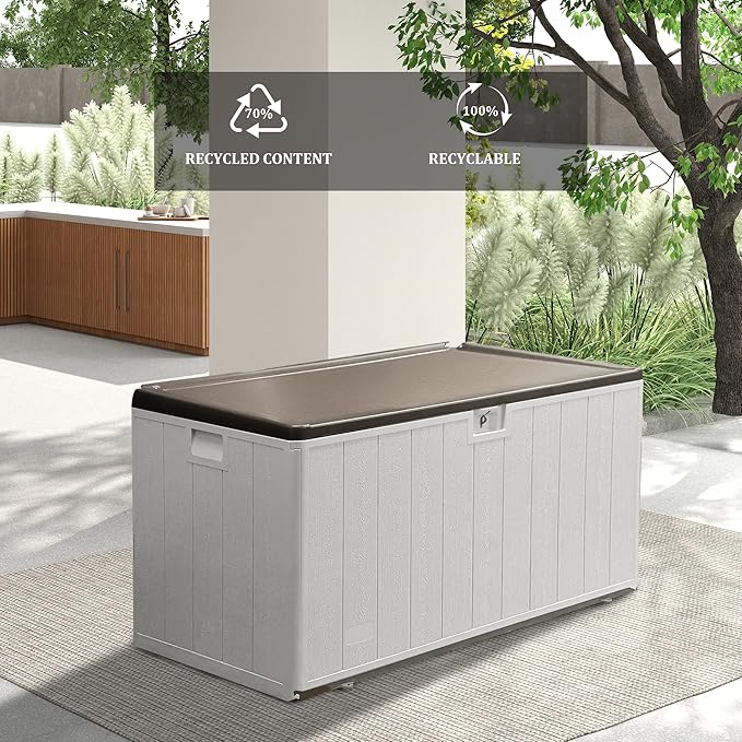 110 Gallon Pro Outdoor Storage Box, Waterproof Resin Deck Box for Patio, Pool, and Garden, Lockable Bin for Cushions, Tools, and Accessories, UV-Resistant, Grayish Brown-VerdiqueGarden