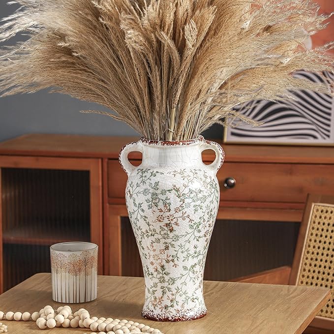 Enra Farmhouse Vintage vase with Handle,12.6 in Ceramic Chinoiserie Floral Vase,Green and Beige Decorative Flower vase,Large Rustic Vases for Home Decors, Living Room, Bookshelf, Office-VerdiqueGarden