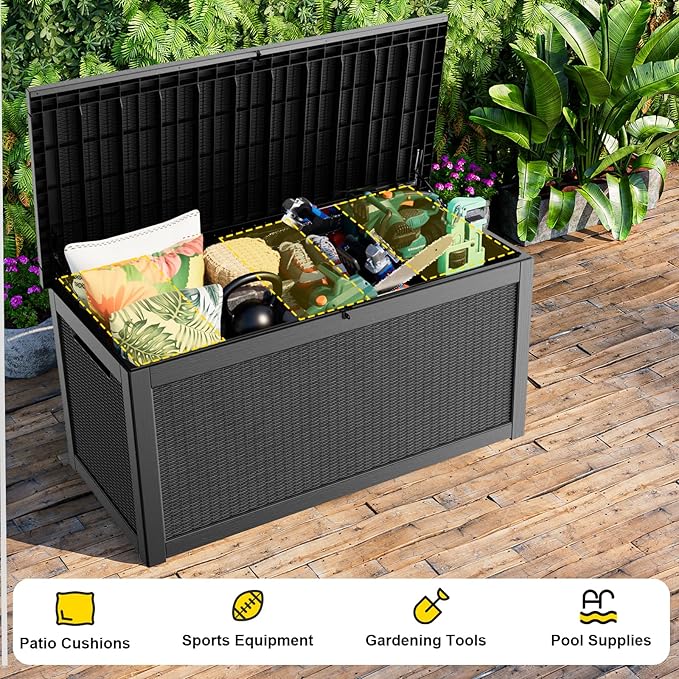 320 Gallon Deck Box Waterproof, UV Resistant Resin Outdoor Storage Box with Hydraulic Rod, Lockable Design and Enhanced Durability for Patio, Garden, and Poolside Use-VerdiqueGarden