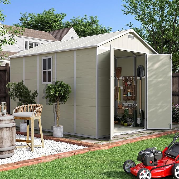 UDPATIO Outdoor Storage Shed 7.5x10.7 FT, Plastic Garden Shed for Bike, Garbage Can, Tool, Outside Sheds & Outdoor Resin Shed with Lockable Door for Backyard, Patio, Lawn, Standstone-VerdiqueGarden