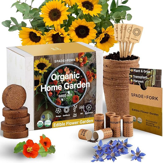 Organic Edible Flower Garden Seed Kit - 23pc Indoor Garden with Soil, Pots, Plant Markers, USDA Organic Non-GMO Seeds & Illustrated Instructions - Sunflower, Borage, Thai Basil, Dill, Nasturtium-VerdiqueGarden