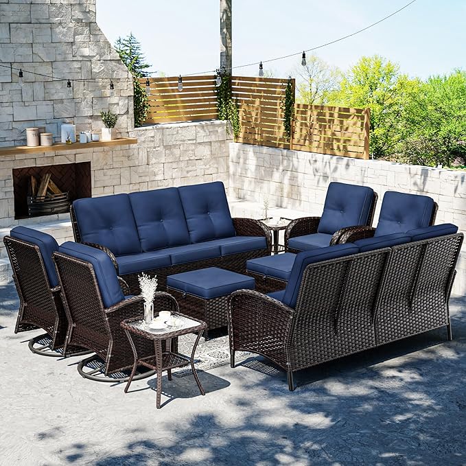 Joyside 10 Piece Patio Furniture Set, Outdoor Wicker Conversation Sets with Swivel Rocker Chairs and Sofa, Thick Cushion, Rattan Patio Sectional for Porch, Deck Use (Brown/Blue, 10 PCS)-VerdiqueGarden
