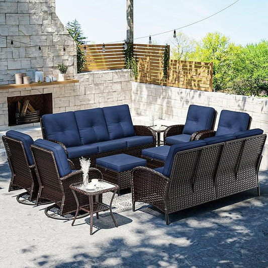 Joyside 10 Piece Patio Furniture Set, Outdoor Wicker Conversation Sets with Swivel Rocker Chairs and Sofa, Thick Cushion, Rattan Patio Sectional for Porch, Deck Use (Brown/Blue, 10 PCS)-VerdiqueGarden