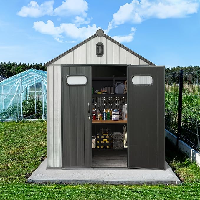 Domi 6x4 FT Outdoor Resin Storage Shed, All-Weather Double-Wall Storage Building for Backyard, Garden, Lawn Tools, Mower, Bike & Pool Equipment, Lockable Doors, Ventilated Roof, Grey-VerdiqueGarden