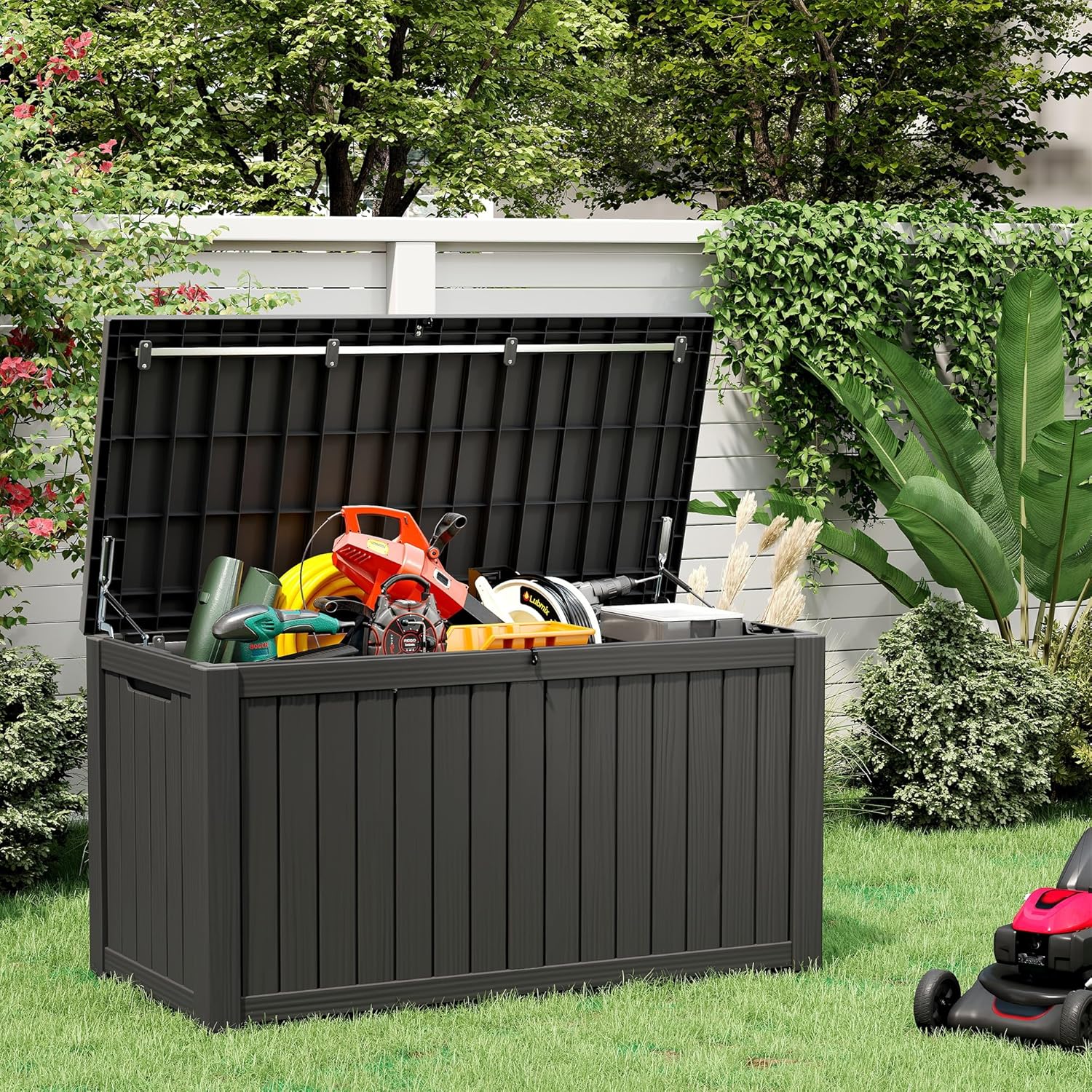 150 Gallon Resin Deck Box, Large Indoor and Outdoor Storage Box, Weatherproof and UV Resistant Outdoor Storage Box with Built-in Steel Beams for Patio, Cushions, Pool Supplies-VerdiqueGarden