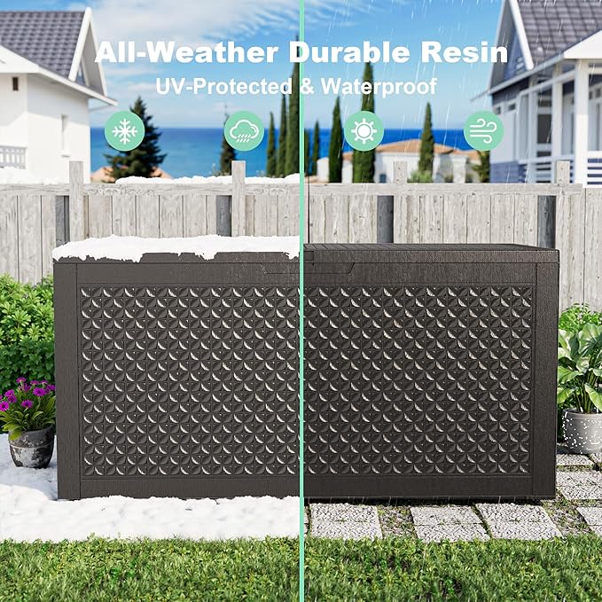 100 Gallon Resin Deck Box, Lockable Outdoor Storage Box for Patio Cushions Storage Furniture,Garden Tools, Pool Supplies, Weatherproof and UV Resistant（Black L）-VerdiqueGarden