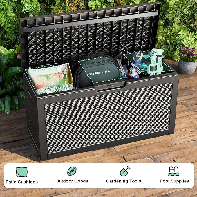 60 Gallon Resin Deck Box, Lockable Outdoor Storage Box for Patio Cushions Storage Furniture,Garden Tools, Pool Supplies, Weatherproof and UV Resistant（Black Rattan）-VerdiqueGarden