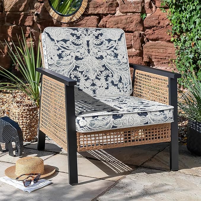 LVTXIII Patio Chair Cushions 22"x22"x3", Water-Repellent Outdoor Seat Cushions for Patio Furniture, Square Chair Pads with Ties for Home Garden Decoration, Set of 2, Damask Lapis-VerdiqueGarden