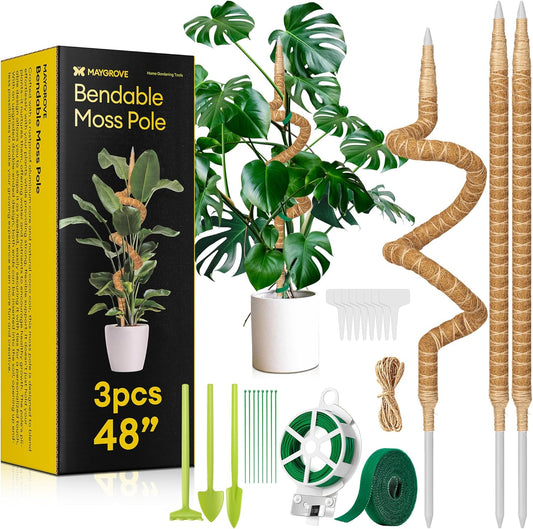 3-Pack 48” Bendable Moss Pole Monstera Plant Support for Climbing Indoors Plants, Coir Moss Poles Moss Sticks Plant Pole DIY, Plant Support Stake for Potted Plants-VerdiqueGarden