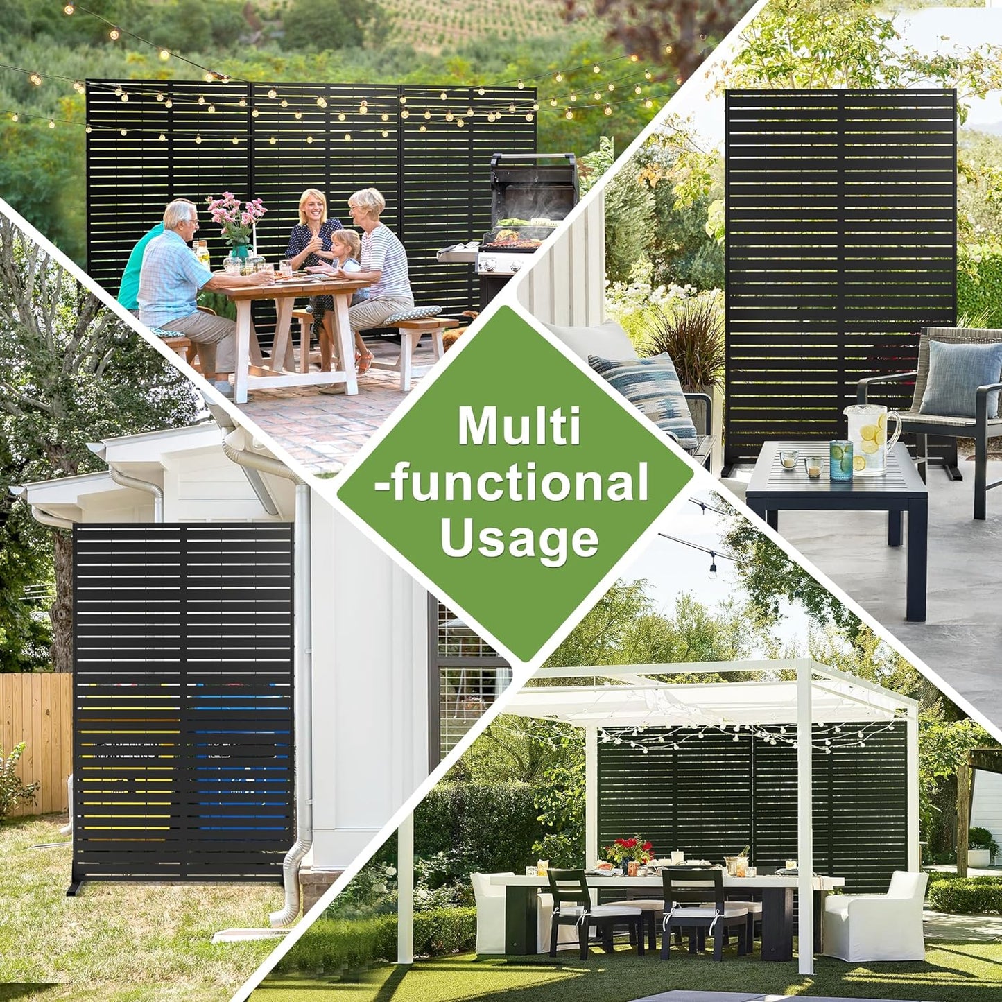 Metal Privacy Screen Outdoor 72" H×44" W,Freestanding Decorative Privacy Screen for Balcony Yard&Garden,Privacy Fence Black&Louvered(5 Panels)-VerdiqueGarden