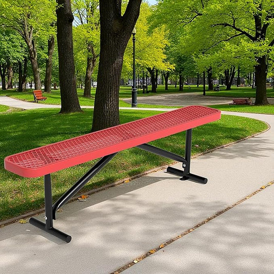 48" L Outdoor Steel Flat Bench, Heavy Duty Metal Park Bench for Outside, Expanded Metal, Commercial Benches Mesh Bench for Shopping Mall, Store, Lawn, Park, Patio, Deck, Garden (Red, 6FT)-VerdiqueGarden