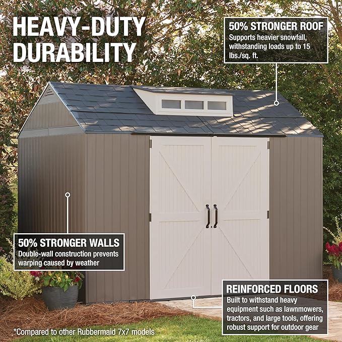 Rubbermaid Extra Large Resin Outdoor Storage Shed With Floor (7 x 10.5 Ft.) Weather Resistant Brown Organization for Home/Lawn Mower/Backyard Equipment/Bike Storage/Pool Supplies-VerdiqueGarden