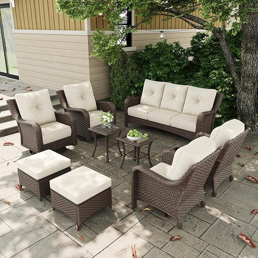 9 Pieces Outdoor Patio Furniture Sets with Rocking Swivel Chairs with 6-inch Thick Cushion and Side Table for Deck Lawn-VerdiqueGarden