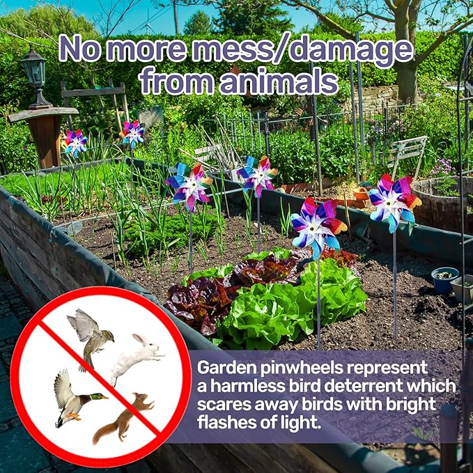 BATTIFE 10 Pack Sparkly Rainbow Pinwheels, Reflective Wind Spinner for Yard and Garden with Stakes, Decor Windmill to Scare Birds Away for Lawn and Patio-VerdiqueGarden
