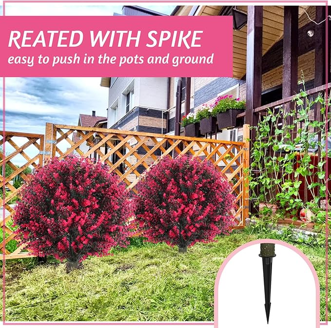 Yunlly 6 Pcs 18 Inch Artificial Boxwood Ball Topiary Tree Fake Outdoor Plants Bush, UV Resistance Faux Shrubs with Spike Realistic Greenery Potted for Indoor Garden Yard Porch Patio Decor (Rose Red)-VerdiqueGarden