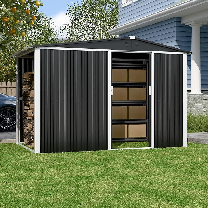 Metal Outdoor Storage Shed 10FT x 6FT with Firewood Storage, Steel Utility Tool Shed Storage House with Sliding Door, Metal Sheds Outdoor Storage for Backyard Garden Patio Lawn, Black-VerdiqueGarden