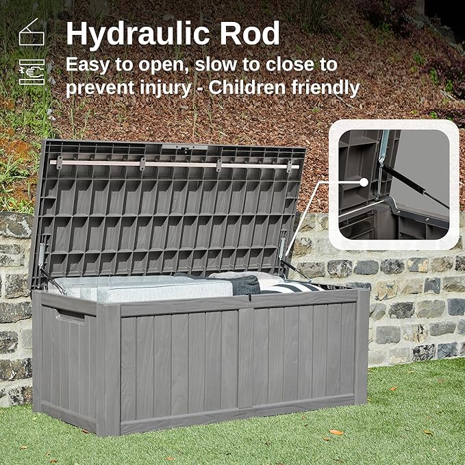EAST OAK Outdoor Storage Box, 120 Gallon Deck Box with Stainless Steel Rods Large Resin Storage Bin for Patio Cushions, Garden Tools, Waterproof and UV Resistant, Lockable, Grey-VerdiqueGarden