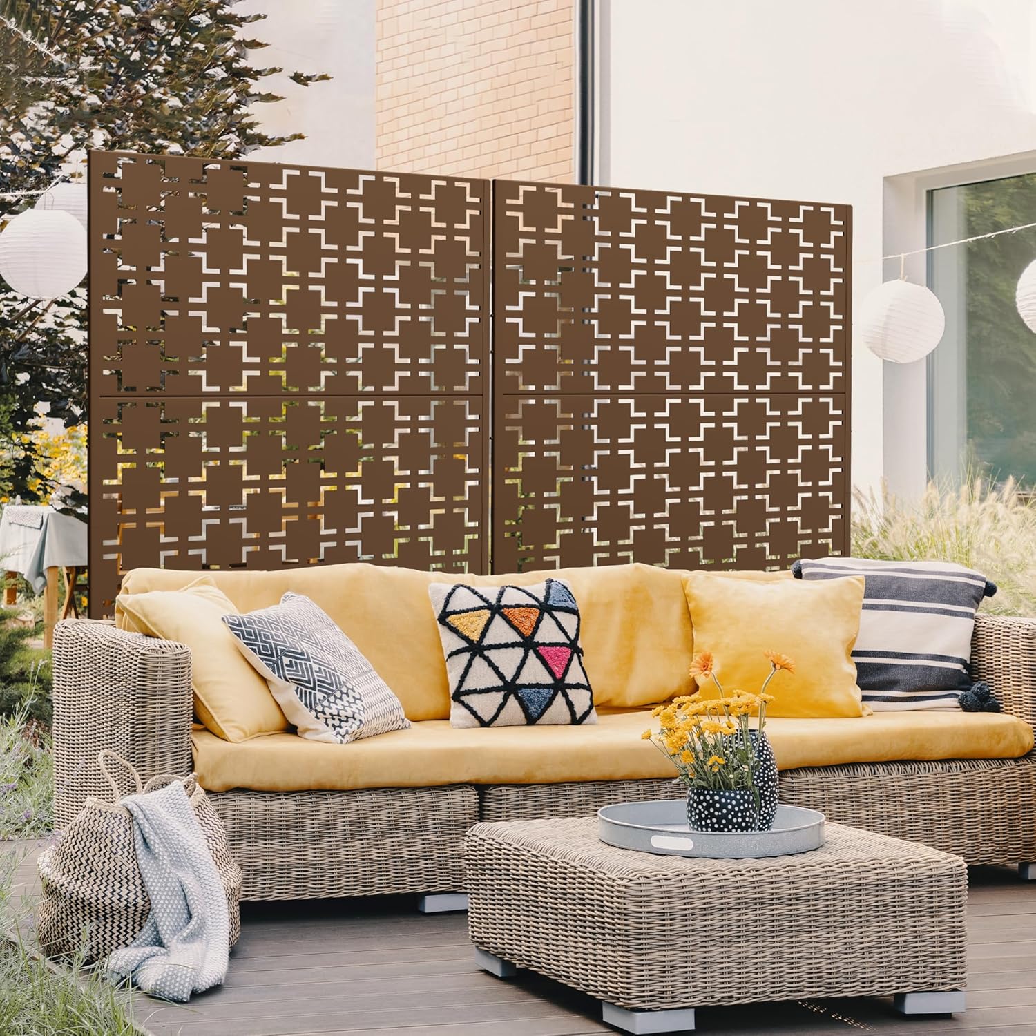 Metal Privacy Screen Outdoor 72" H×47" W,Freestanding Decorative Privacy Screen for Balcony Yard&Garden,Privacy Fence-Brown&Square-VerdiqueGarden