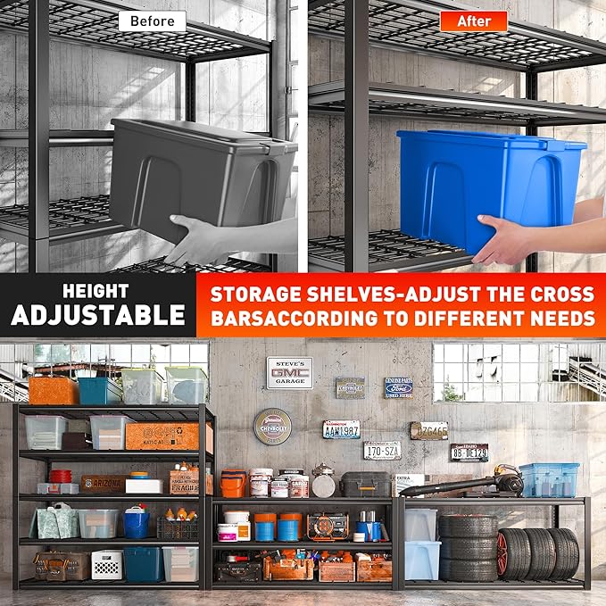 REIBII 48.2''W Garage Shelving Heavy Duty Metal Shelving 3000LBS Storage Shelves Adjustable Metal Shelves Industrial Garage Shelf for Warehouse Basement, 4 Pack-VerdiqueGarden