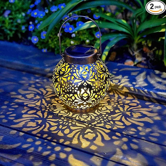 2 Pack Outdoor Solar Hanging Lantern Light LED Decorative Christmas Light for Garden Patio Courtyard Lawn and Tabletop with Hollowed-Out Design. Unique Gardening Gifts for Women.-VerdiqueGarden