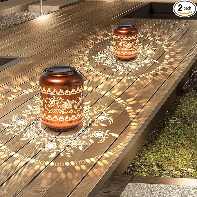 2Pack Bee Solar Lanterns Outdoor Hanging Waterproof Lanterns Garden Decor Christmas Gifts for Women Mom Grandma Metal Solar Lights Decoration Outside for Yard, Patio,Pathway Landscape-VerdiqueGarden