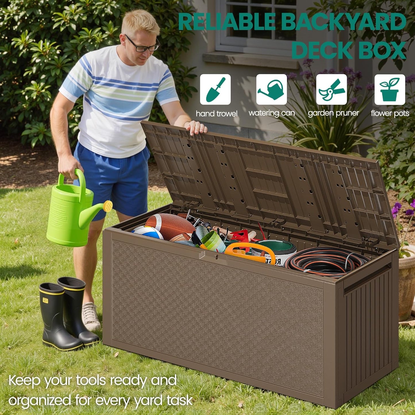 90 Gallon Outdoor Deck Box, Waterproof Outdoor Storage Box, Durable Resin Bin for Patio Cushions, Garden Tools and Pool Accessories, Lockable with UV Protection, Brown, Patio Furniture-VerdiqueGarden