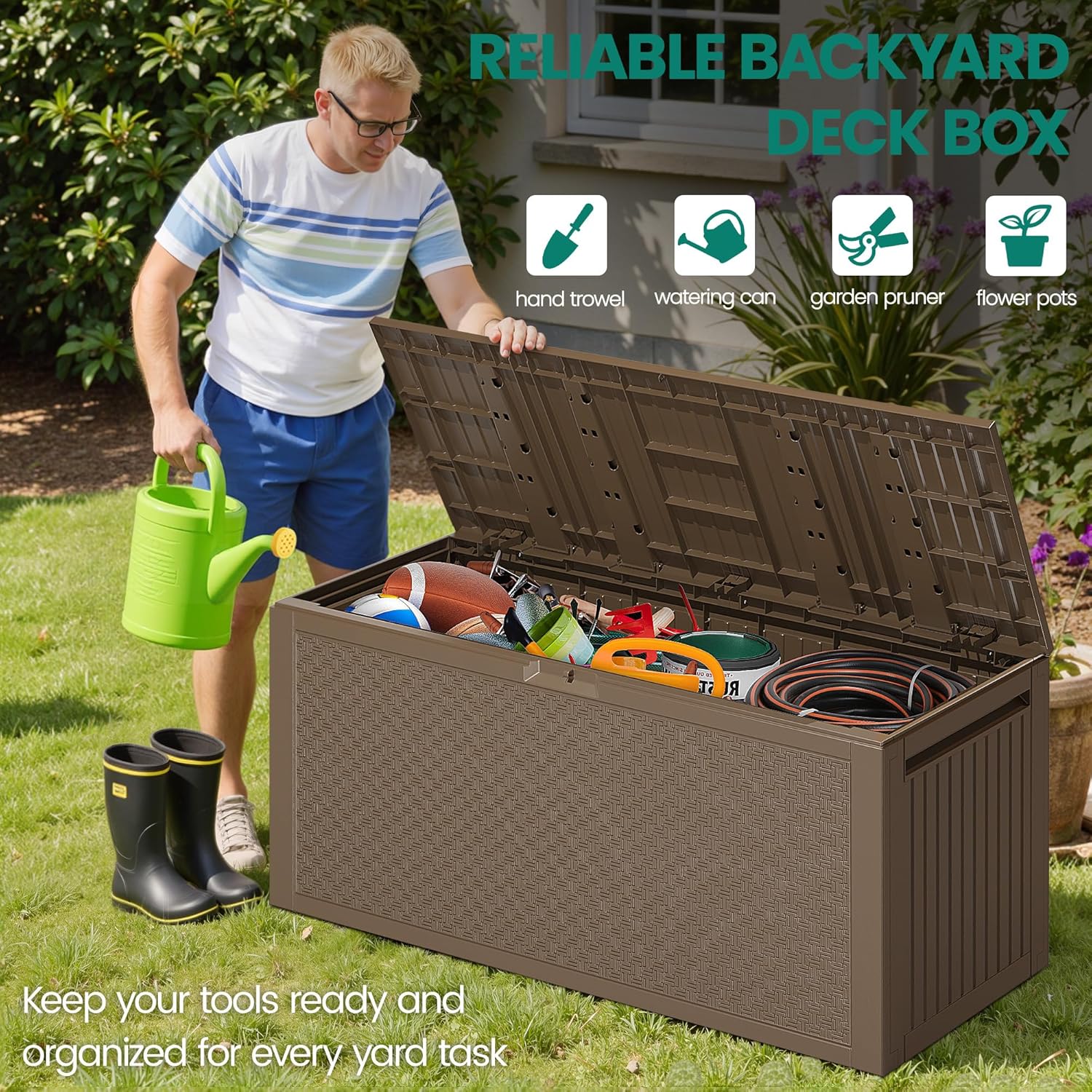 90 Gallon Outdoor Deck Box, Waterproof Outdoor Storage Box, Durable Resin Bin for Patio Cushions, Garden Tools and Pool Accessories, Lockable with UV Protection, Brown, Patio Furniture-VerdiqueGarden