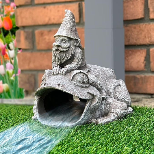Gutter Downspout Extension - Downspout Splash Block - Downspout Diverter Garden Statue (Gutter in The Form of Funny Gnome on a Frog)-VerdiqueGarden