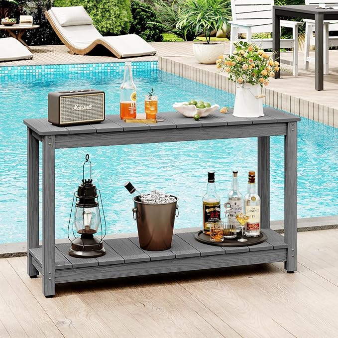 Outdoor Console Table, 48" Weather Resistant HIPS Patio Side Table, 440LBS Weight Capacity, 2-Tier Multifunctional Buffet Bar Storage Organizer for Garden Deck, Gray-VerdiqueGarden